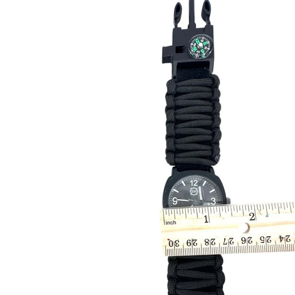 Survival Tactical Watch Mens Paracord Compass Whistle Serrated Tool Black